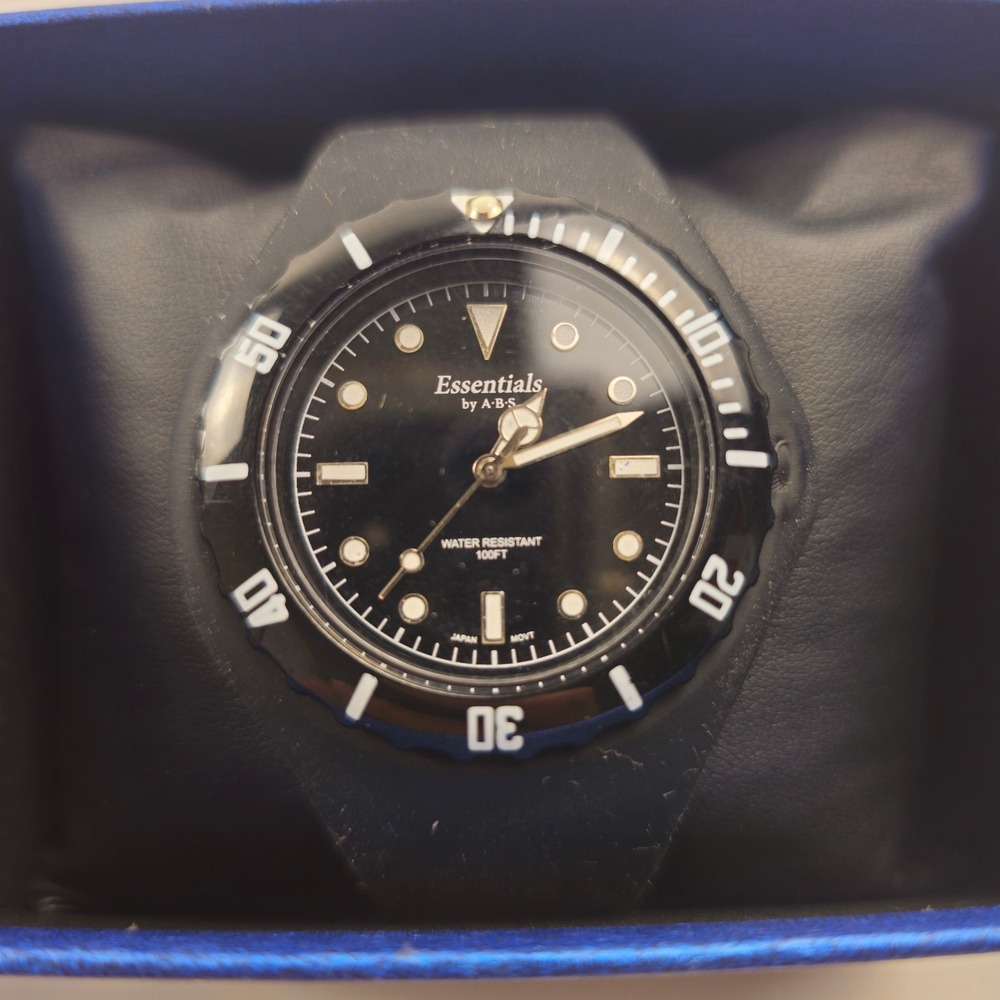 Essentials by A.B.S. Mens Black Silicone Diver Style Quartz Watch 100FT w/ Box